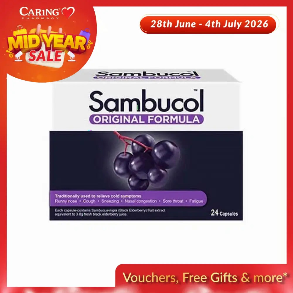 Sambucol original black elderberry capsules in a 24-count package for cold relief
