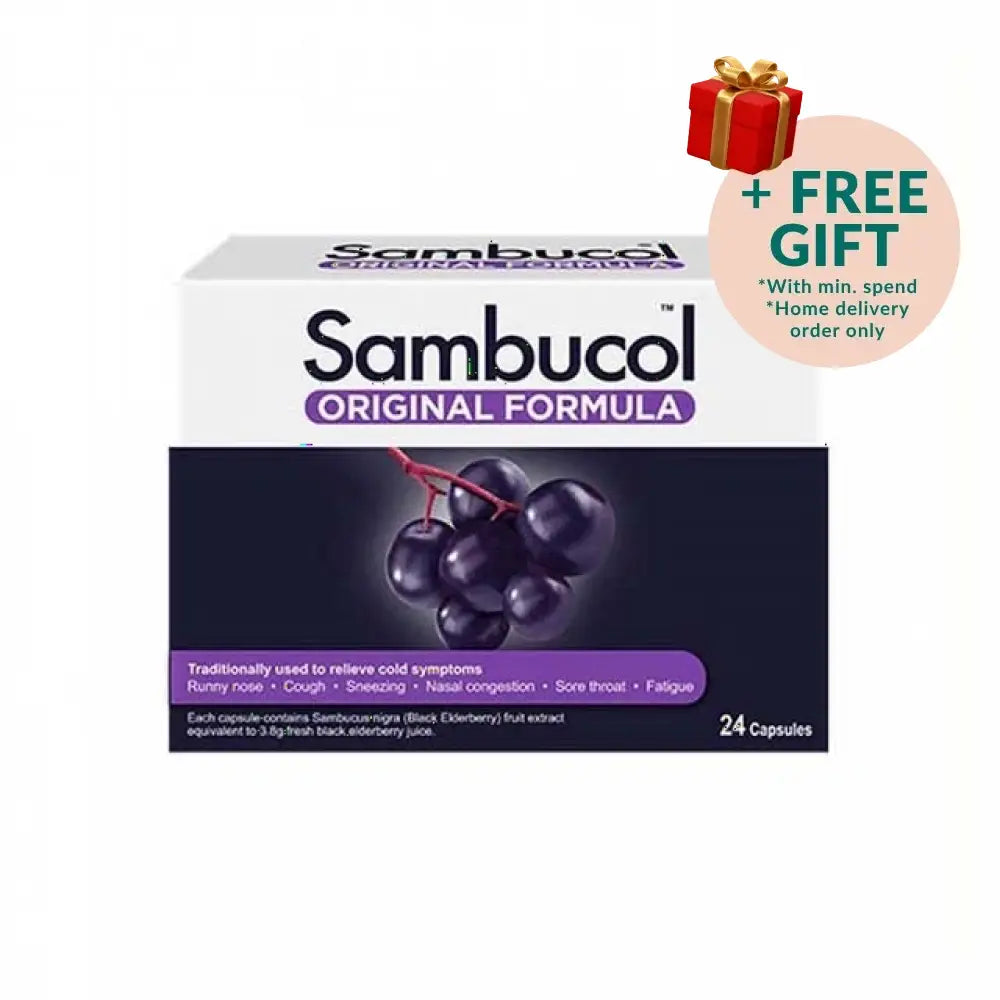 Sambucol original black elderberry capsules in a 24-count package for cold relief