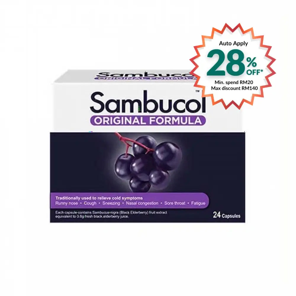 Sambucol original black elderberry capsules in a 24-count package for cold relief