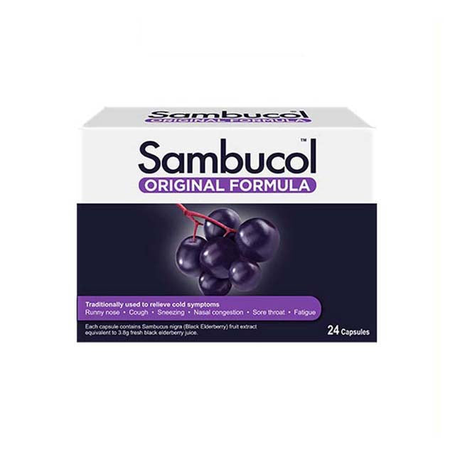 Sambucol original black elderberry capsules in a 24-count package for cold relief