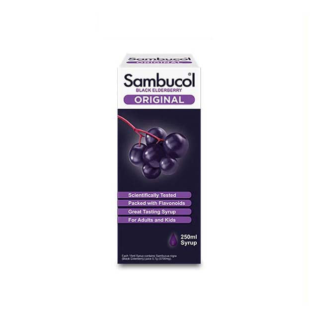 Sambucol Original Black Elderberry syrup in a 250ml package highlighting its scientific testing and great taste