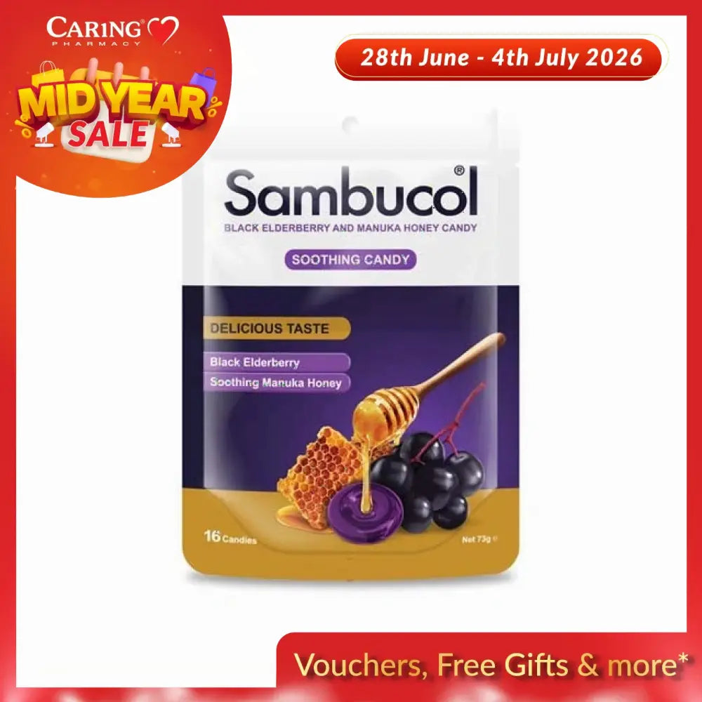 Sambucol soothing candy with black elderberry and manuka honey in a resealable bag