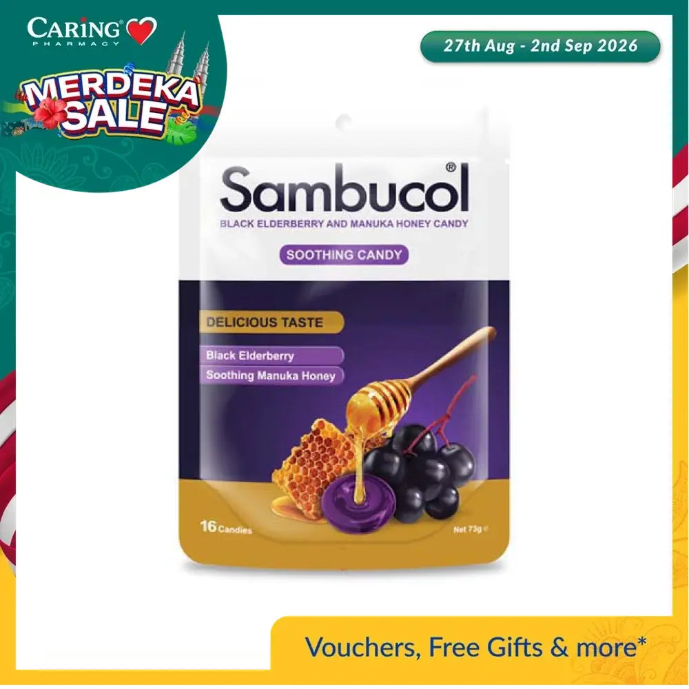 Sambucol soothing candy with black elderberry and manuka honey in a resealable bag
