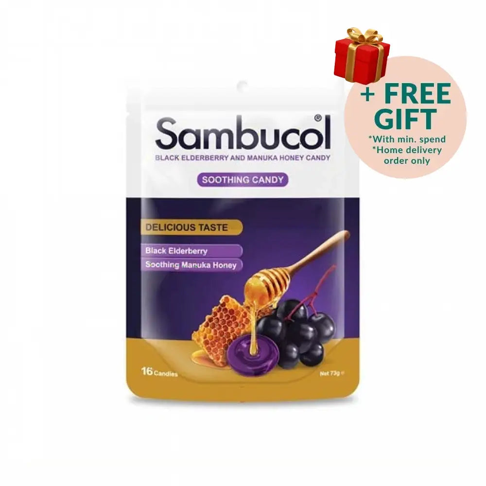 Sambucol soothing candy with black elderberry and manuka honey in a resealable bag