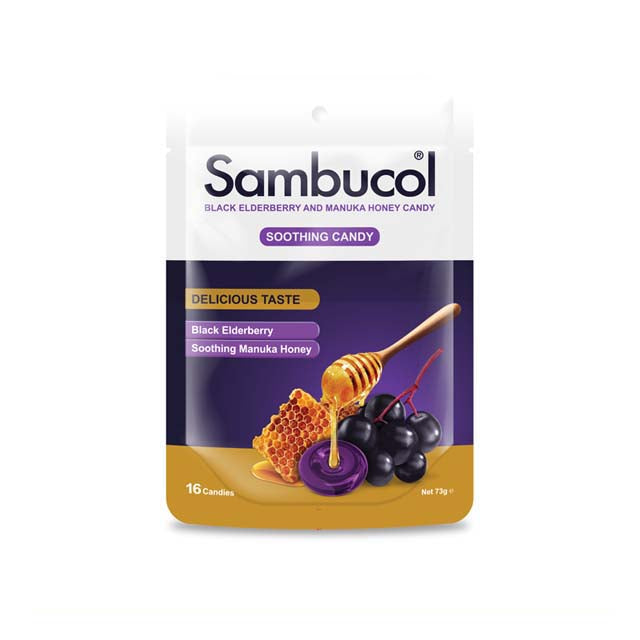 Sambucol soothing candy with black elderberry and manuka honey in a resealable bag