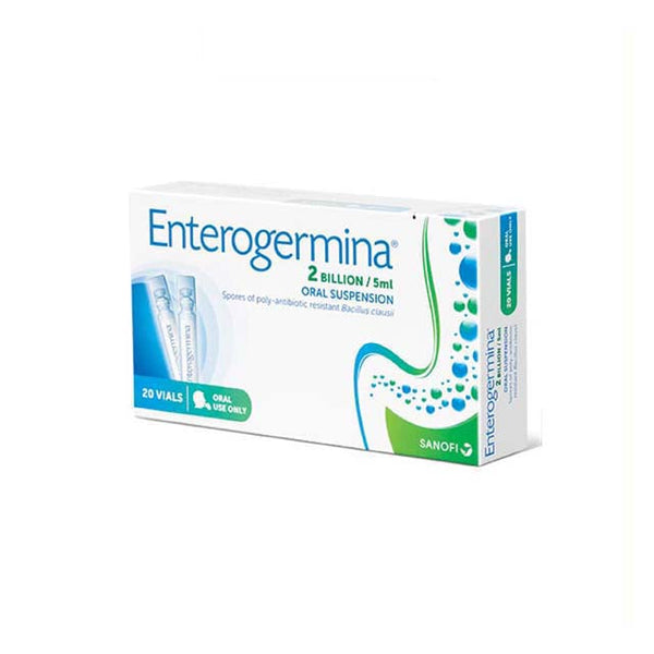 Enterogermina probiotic suspension in a box containing 20 vials for oral use to support gut health