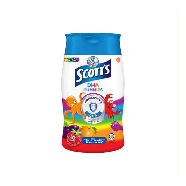 Scotts DHA gummies 60s in a colorful bottle featuring various cartoon sea creatures
