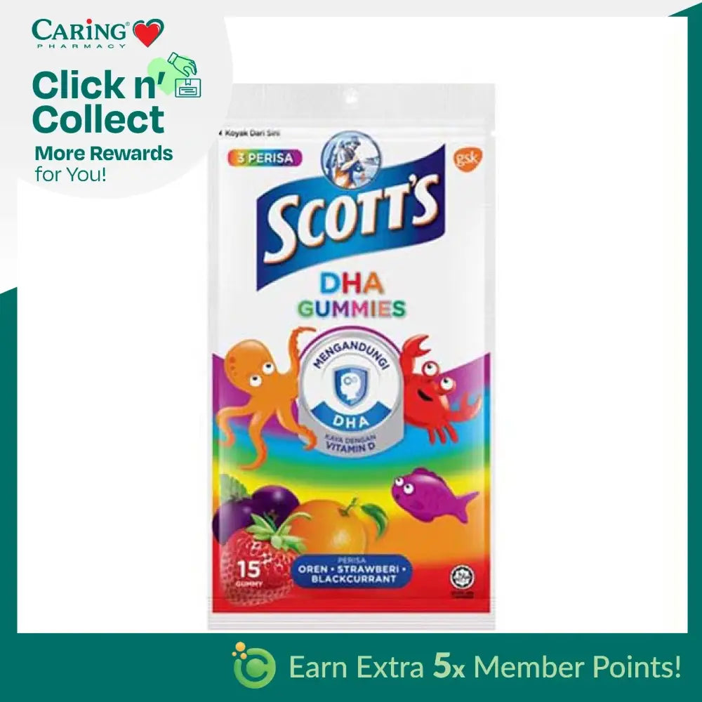 Scotts DHA Gummies Malaysia with fruity flavors like orange and strawberry in a colorful package