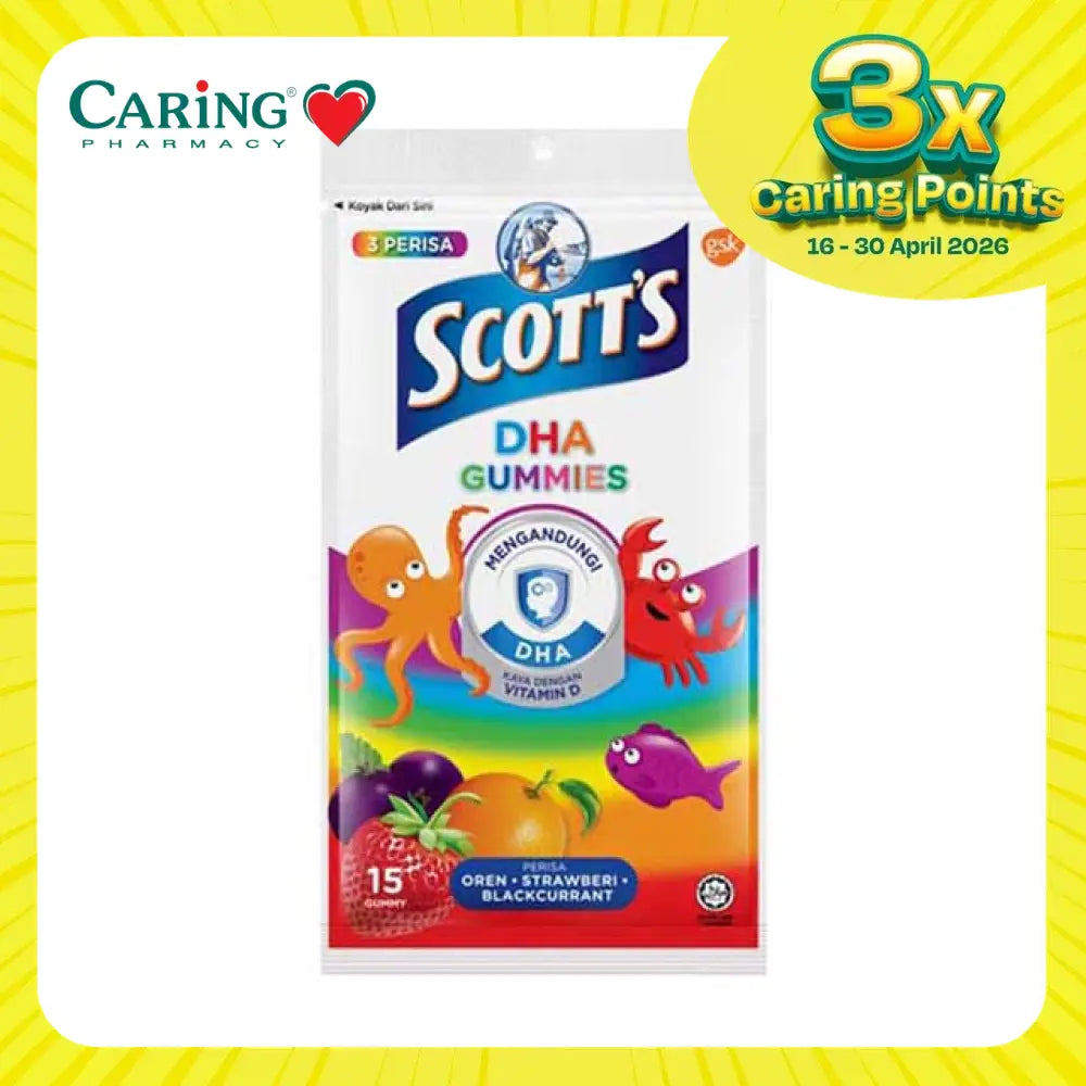 Scotts DHA Gummies Malaysia with fruity flavors like orange and strawberry in a colorful package