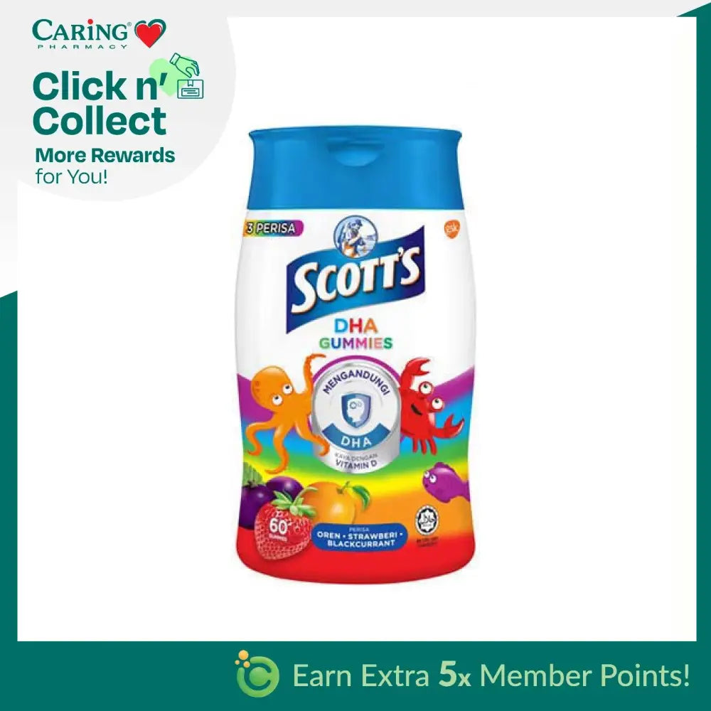 Scotts DHA gummies 60s in a colorful bottle featuring various cartoon sea creatures