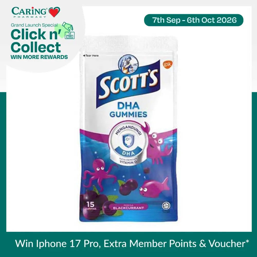 Scott's DHA gummies blackcurrant in a colorful bag with 15 gummies for children's health