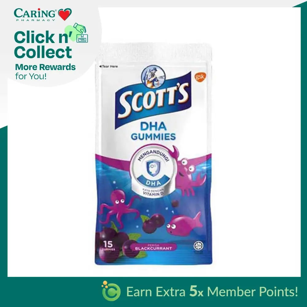 Scott's DHA gummies blackcurrant in a colorful bag with 15 gummies for children's health