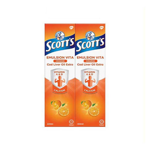 Scott's Emulsion Orange 400ml twin pack featuring vitamin A, D, and calcium for health benefits