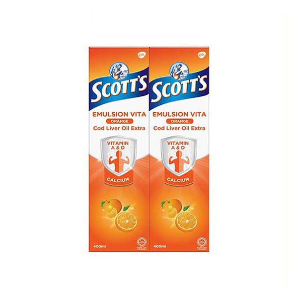 Scott's Emulsion Orange 400ml twin pack featuring vitamin A, D, and calcium for health benefits