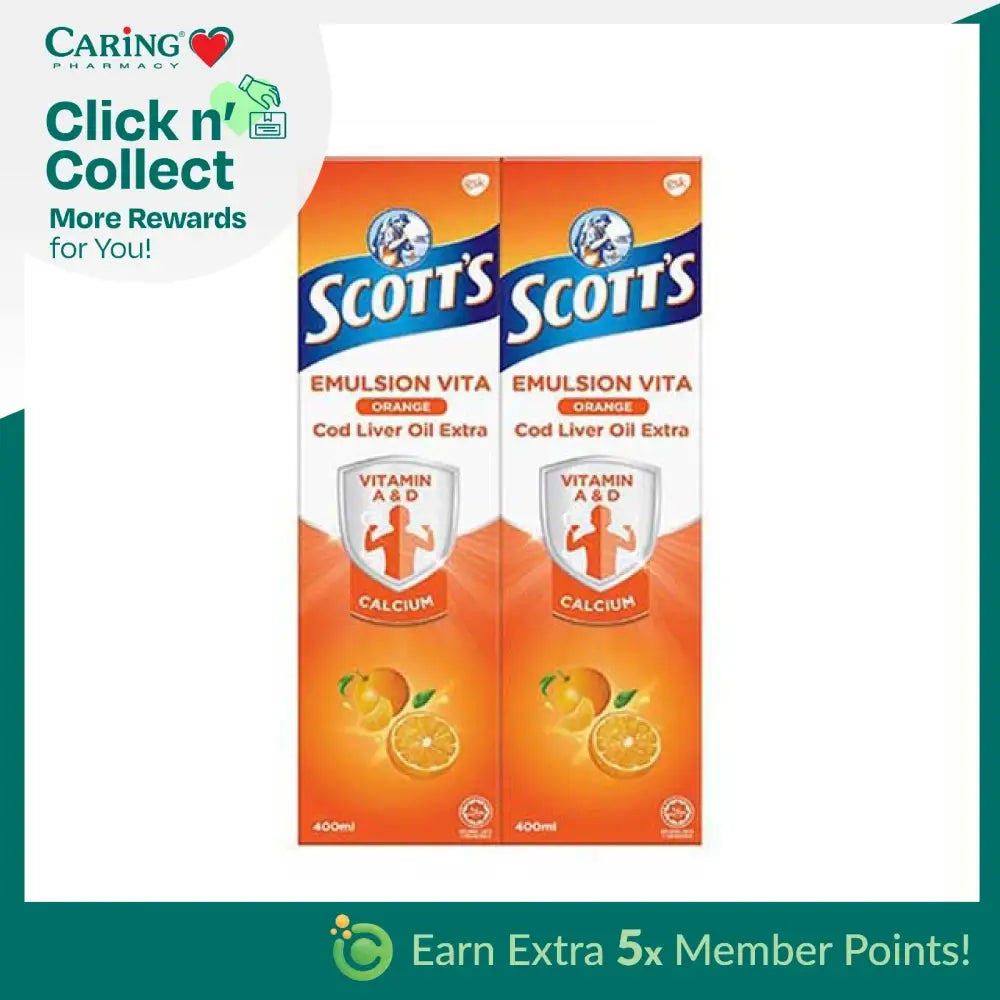 Scott's Emulsion Orange 400ml twin pack featuring vitamin A, D, and calcium for health benefits