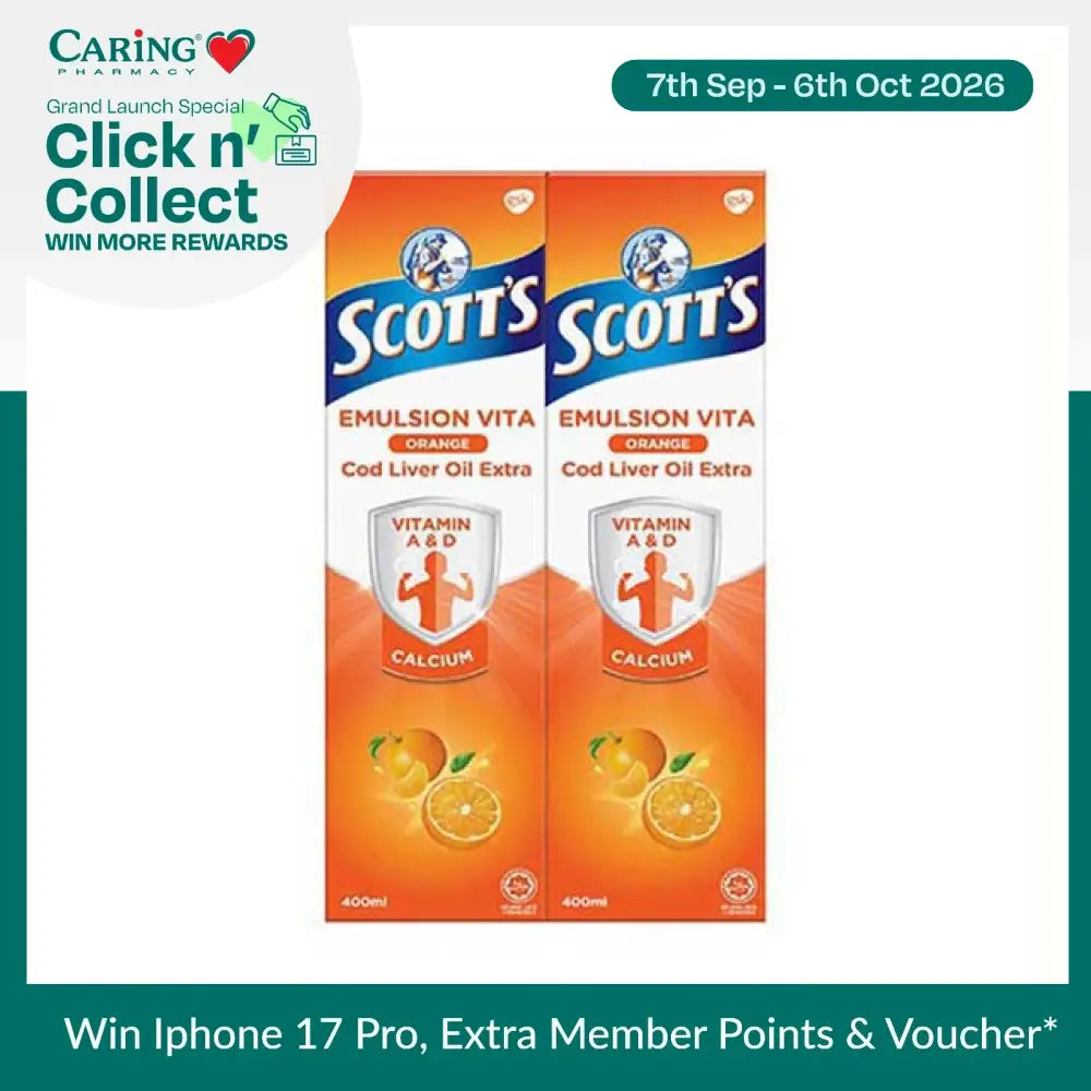 Scott's Emulsion Orange 400ml twin pack featuring vitamin A, D, and calcium for health benefits
