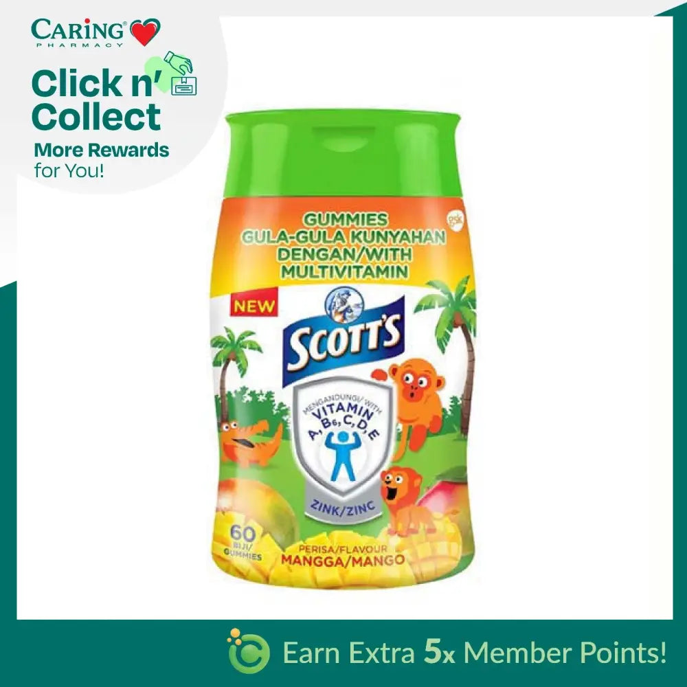Scotts multivitamin gummies mango in a green container for children's daily nutrition