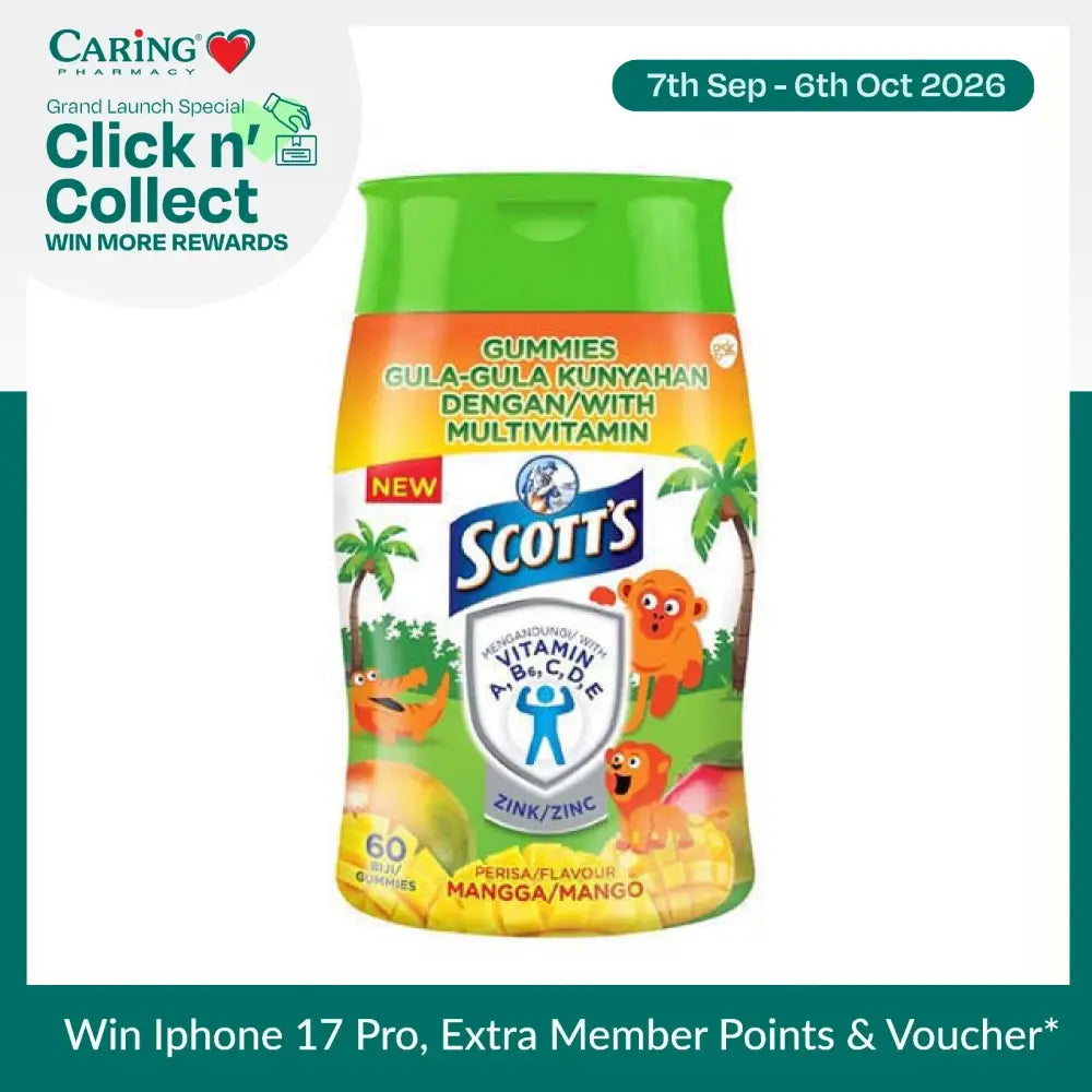Scotts multivitamin gummies mango in a green container for children's daily nutrition