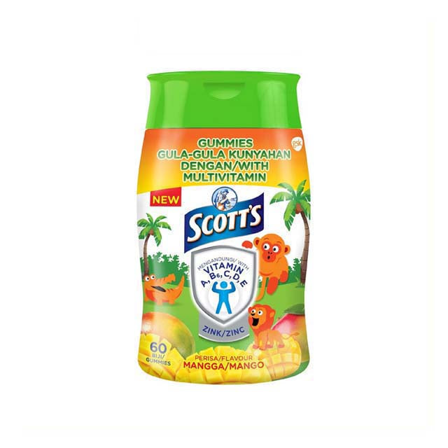 Scotts multivitamin gummies mango in a green container for children's daily nutrition