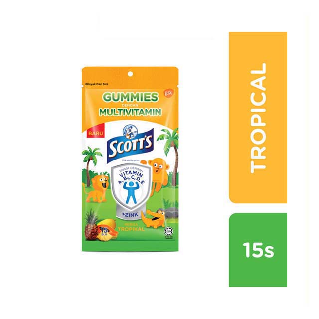 Scott's multivitamin gummies tropical pack featuring colorful fruity flavors for kids' nutrition