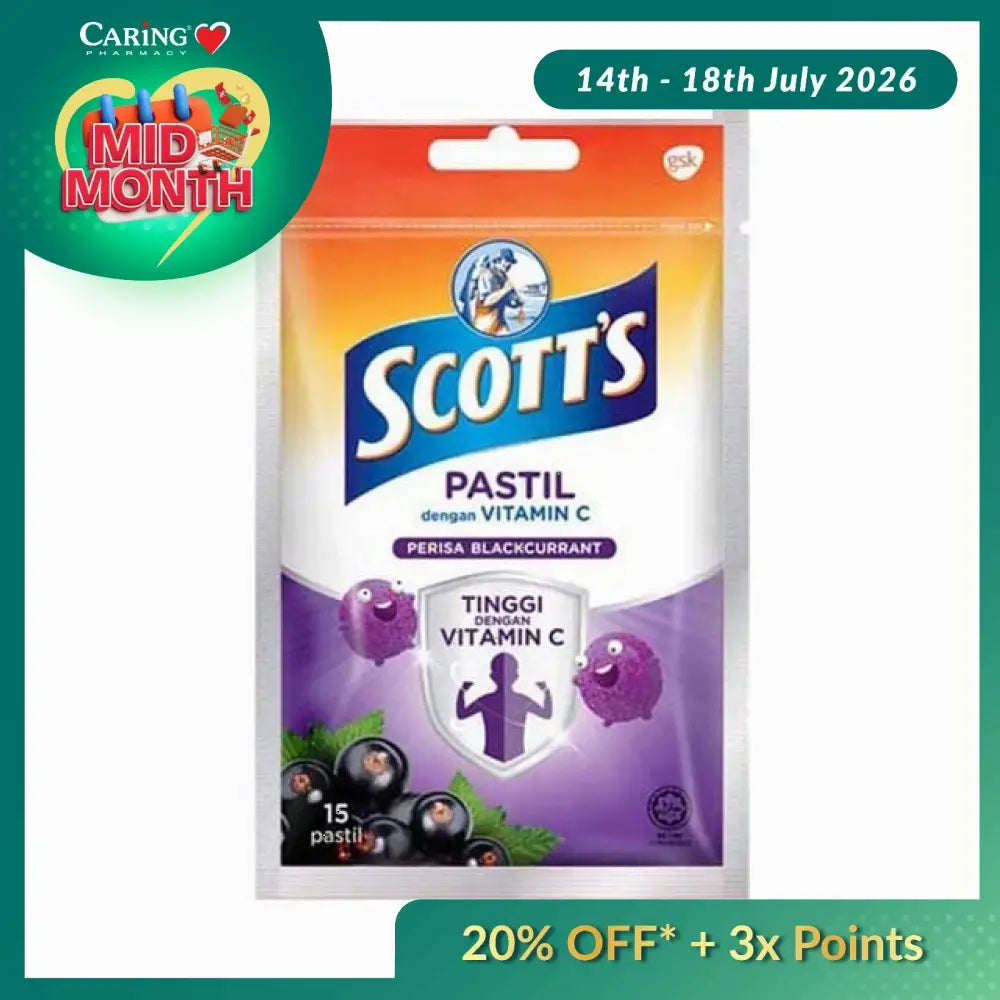 Scott's Vitamin C Blackcurrant Pastilles in a 15-piece package for boosting immune health