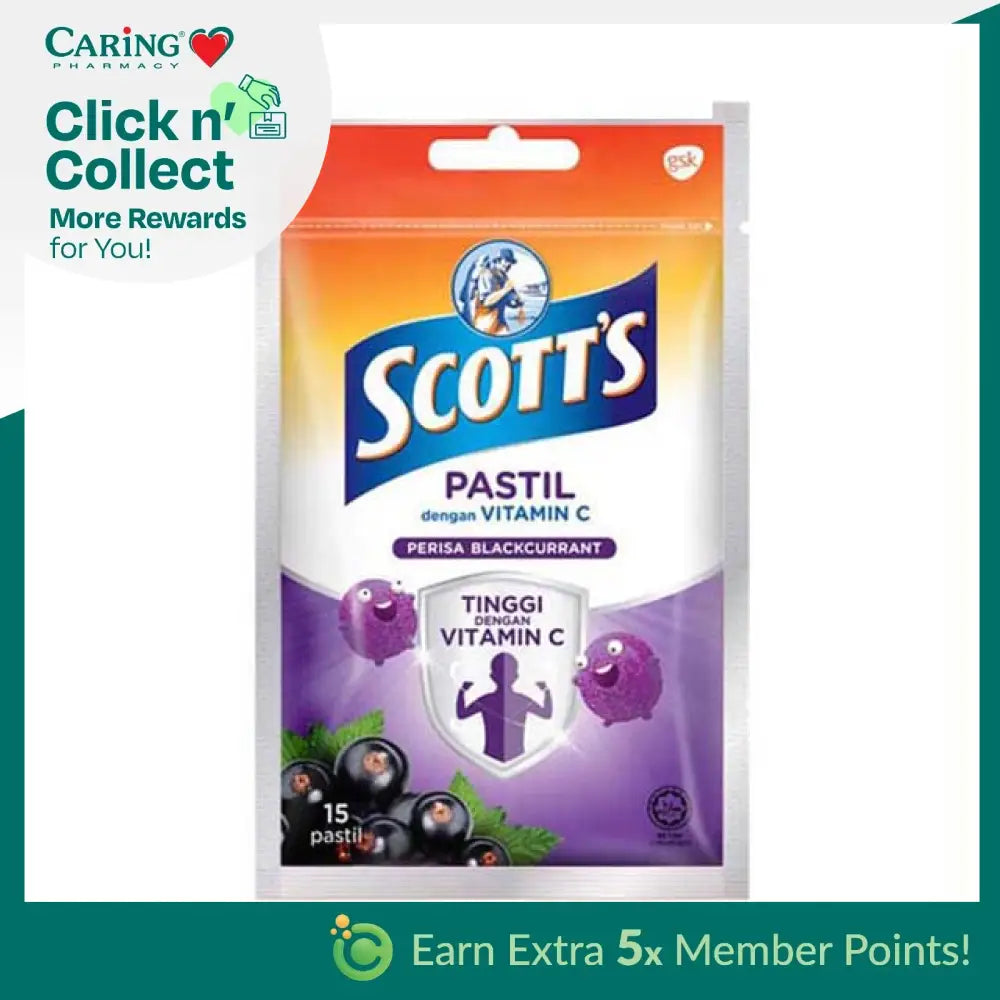 Scott's Vitamin C Blackcurrant Pastilles in a 15-piece package for boosting immune health