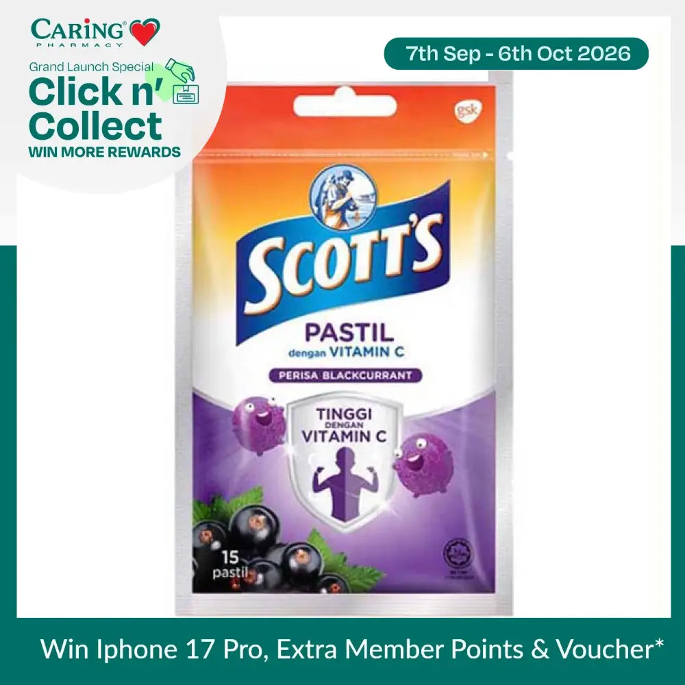 Scott's Vitamin C Blackcurrant Pastilles in a 15-piece package for boosting immune health