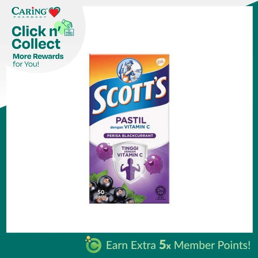 Scott's Vitamin C pastilles blackcurrant in a box with 50 pieces for immunity support and tasty flavor