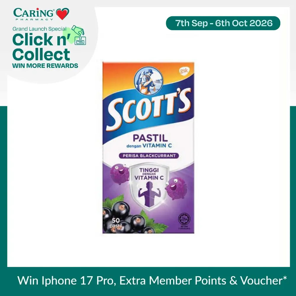 Scott's Vitamin C pastilles blackcurrant in a box with 50 pieces for immunity support and tasty flavor
