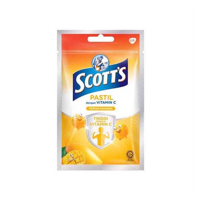 Scott's Vitamin C mango pastilles in a colorful packaging featuring a mango flavor and 15 pieces
