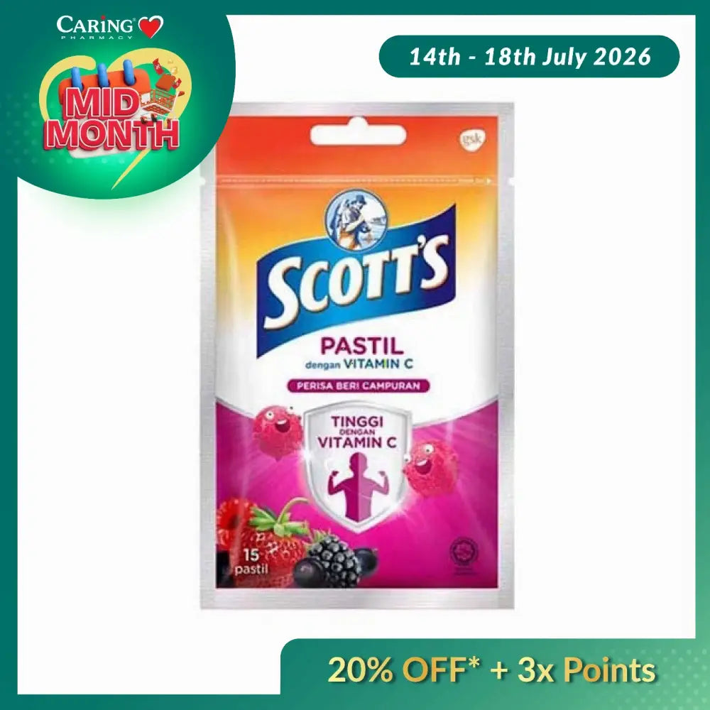 Scott's Vitamin C pastilles berries in a colorful package with mixed berry flavor and high vitamin C content
