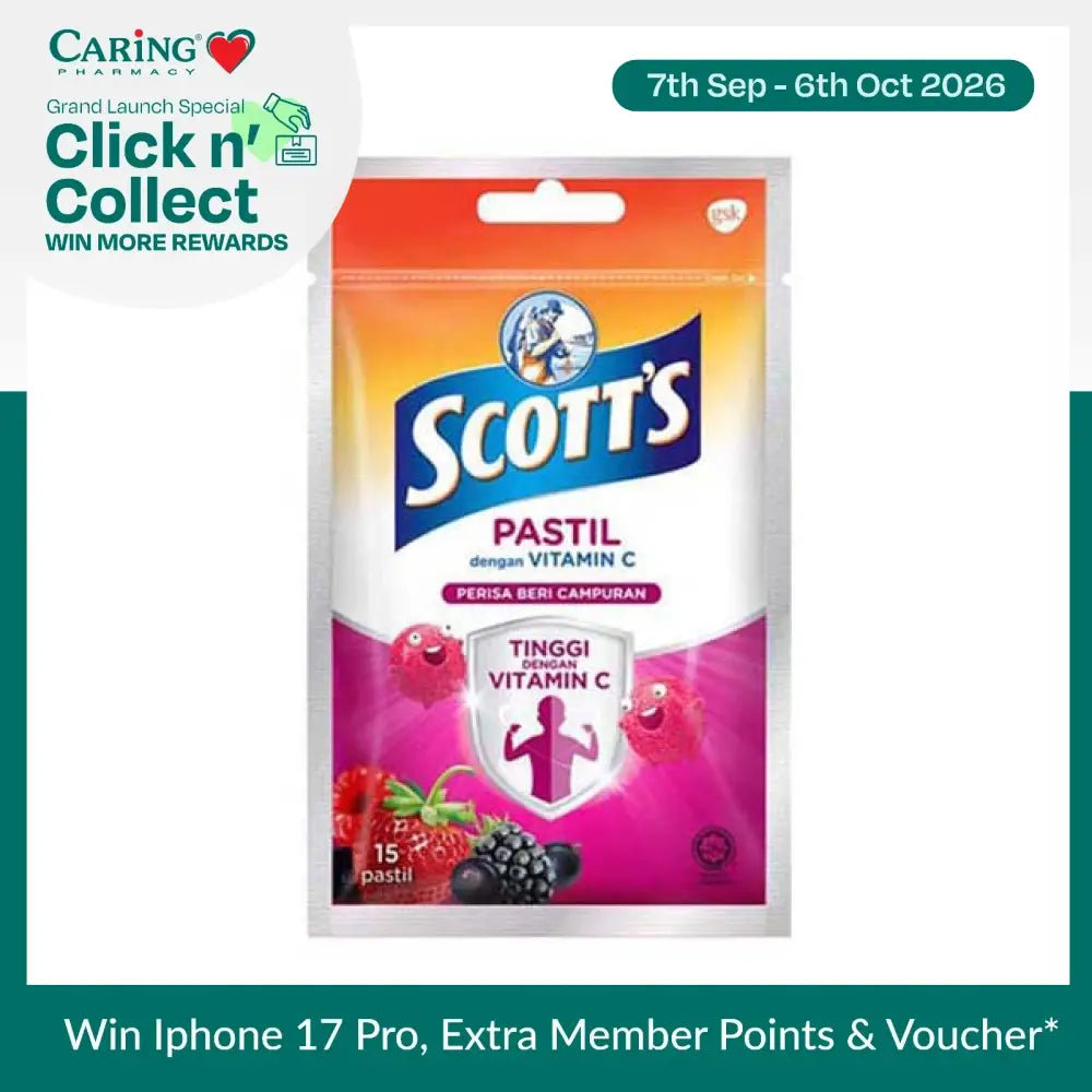 Scott's Vitamin C pastilles berries in a colorful package with mixed berry flavor and high vitamin C content