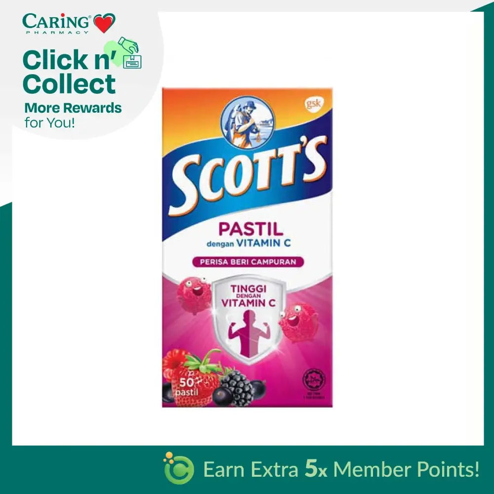 Scott's Vitamin C pastilles in a colorful box featuring berry flavors with high Vitamin C content