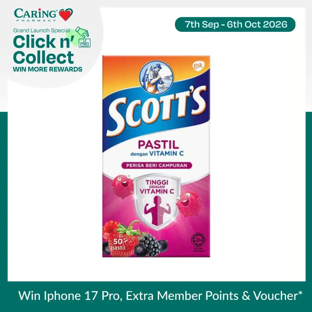 Scott's Vitamin C pastilles in a colorful box featuring berry flavors with high Vitamin C content