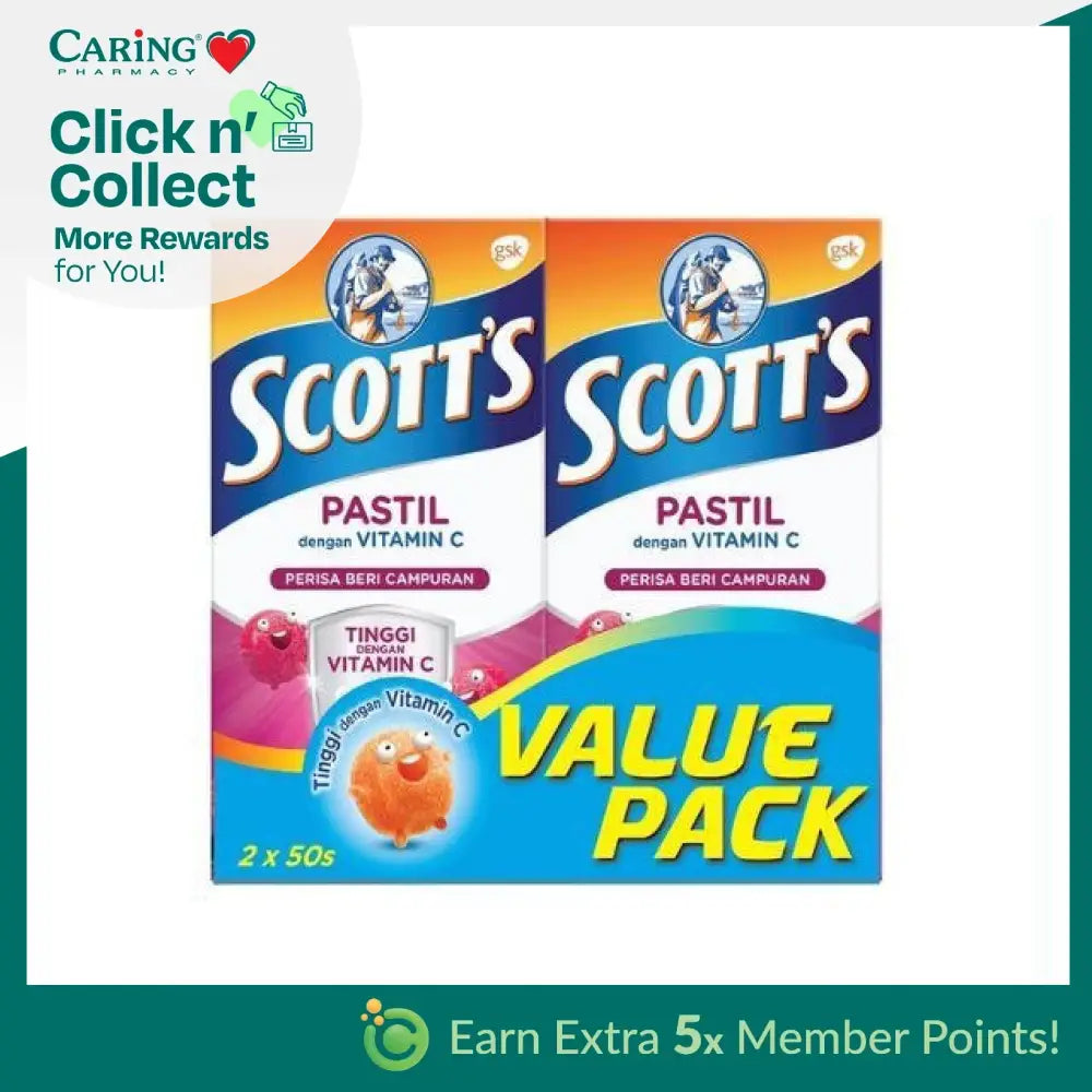 SCOTT'S Vitamin C pastilles value pack containing two boxes of 50 pastilles each in mixed fruit flavor