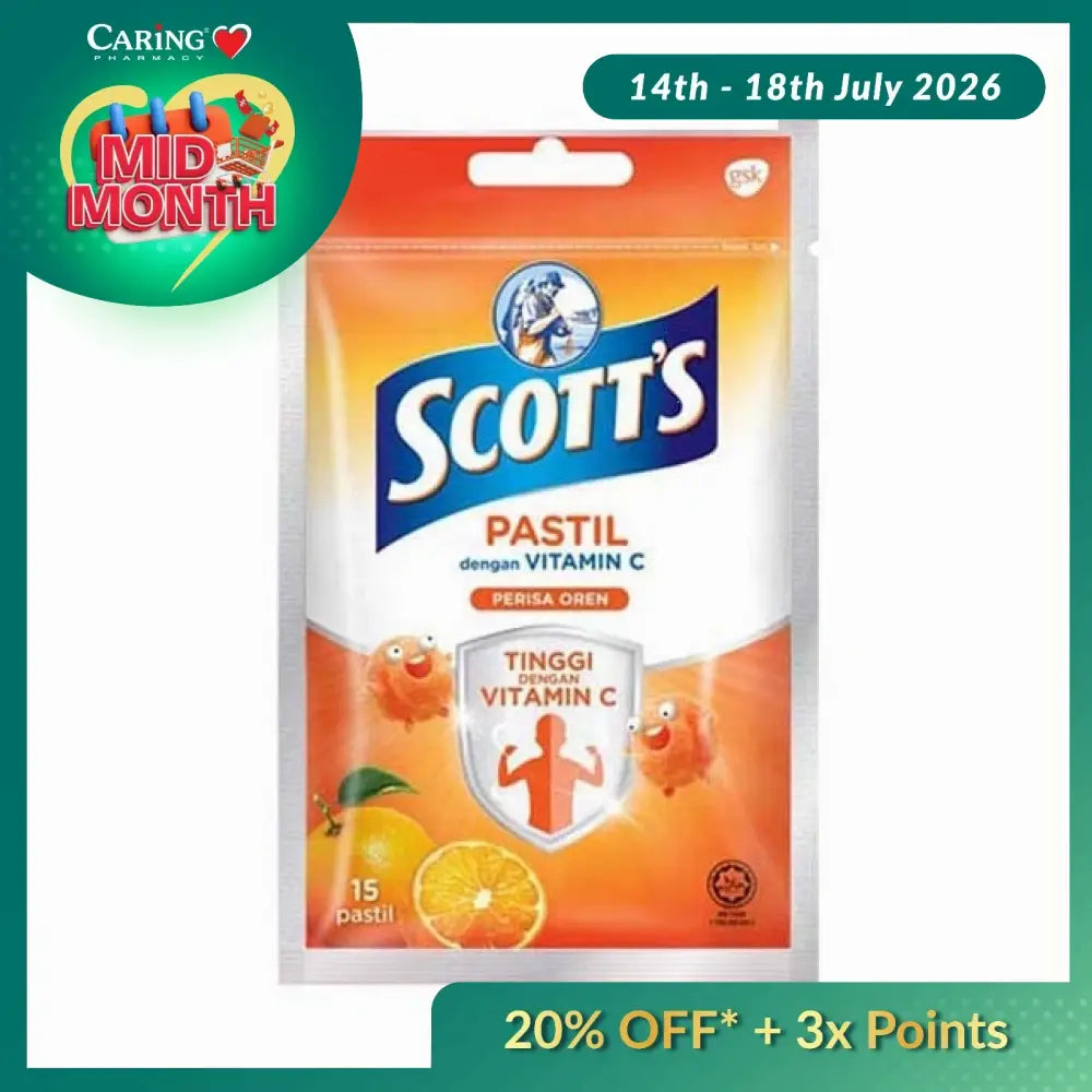 Scott's Vitamin C Orange pastilles in a resealable pouch with 15 pieces for immune support