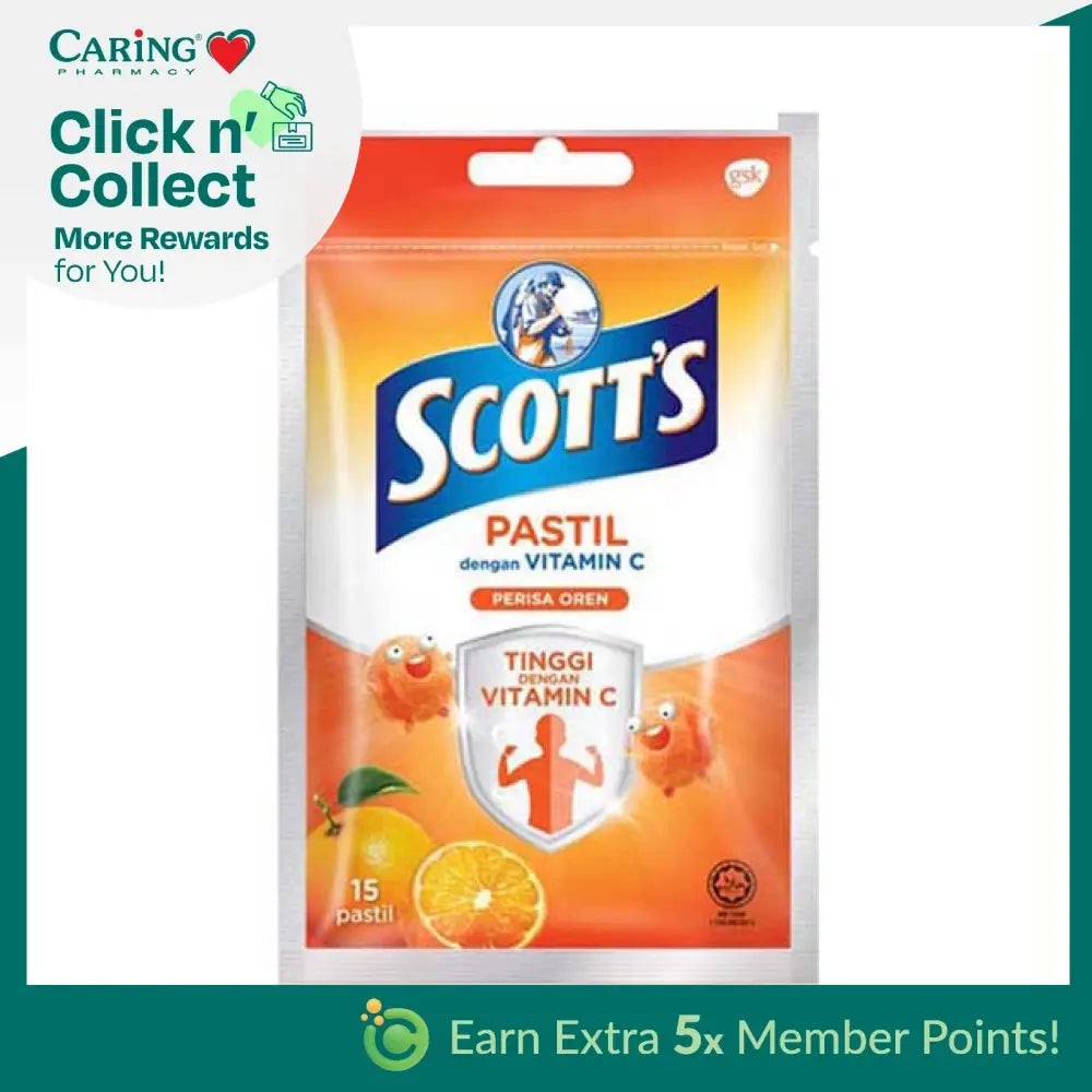 Scott's Vitamin C Orange pastilles in a resealable pouch with 15 pieces for immune support