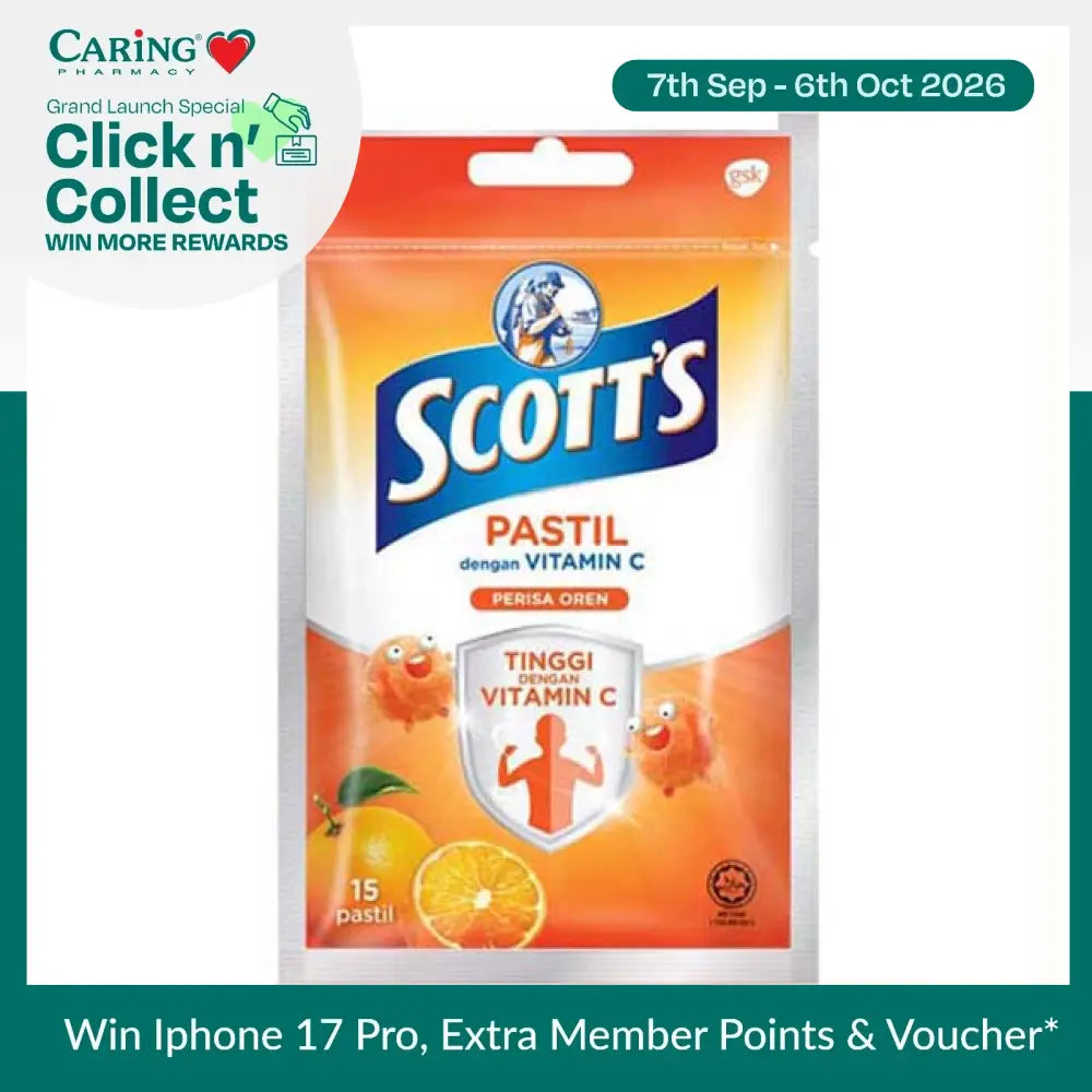 Scott's Vitamin C Orange pastilles in a resealable pouch with 15 pieces for immune support