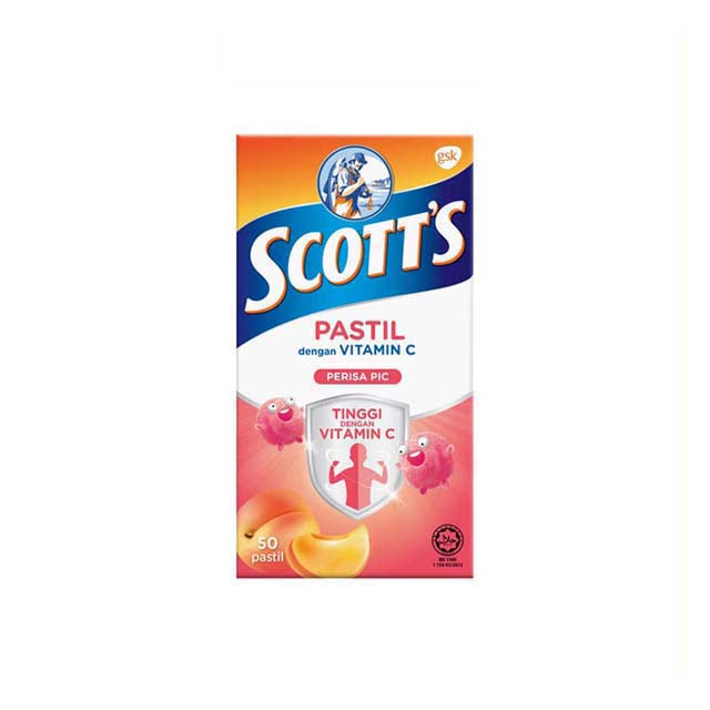 Scott's Vitamin C pastilles peach in a vibrant packaging with 50 vitamin-rich candies