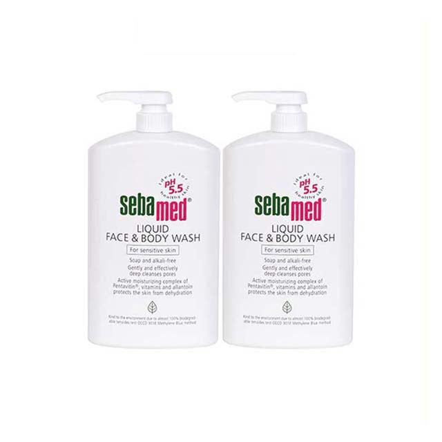 SEBAMED liquid face and body wash in two 1000ml pump bottles for gentle cleansing of sensitive skin