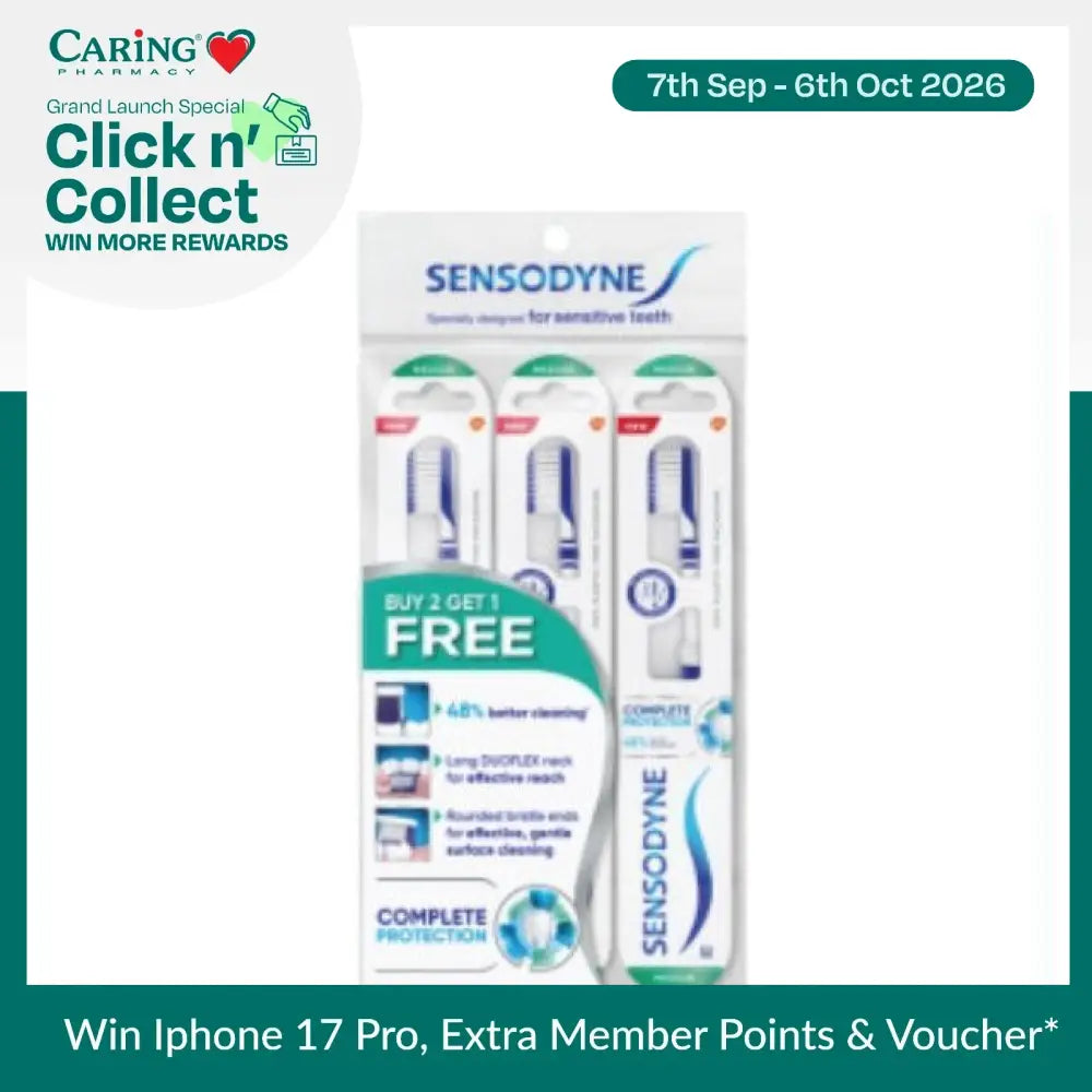 Sensodyne Complete Protection toothbrush pack with three brushes designed for sensitive teeth care