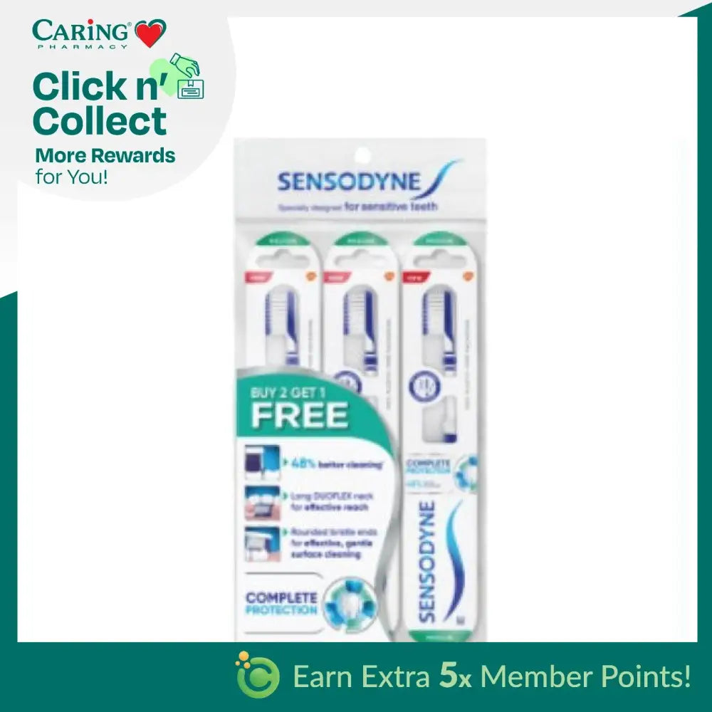 Sensodyne Complete Protection toothbrush pack with three brushes designed for sensitive teeth care