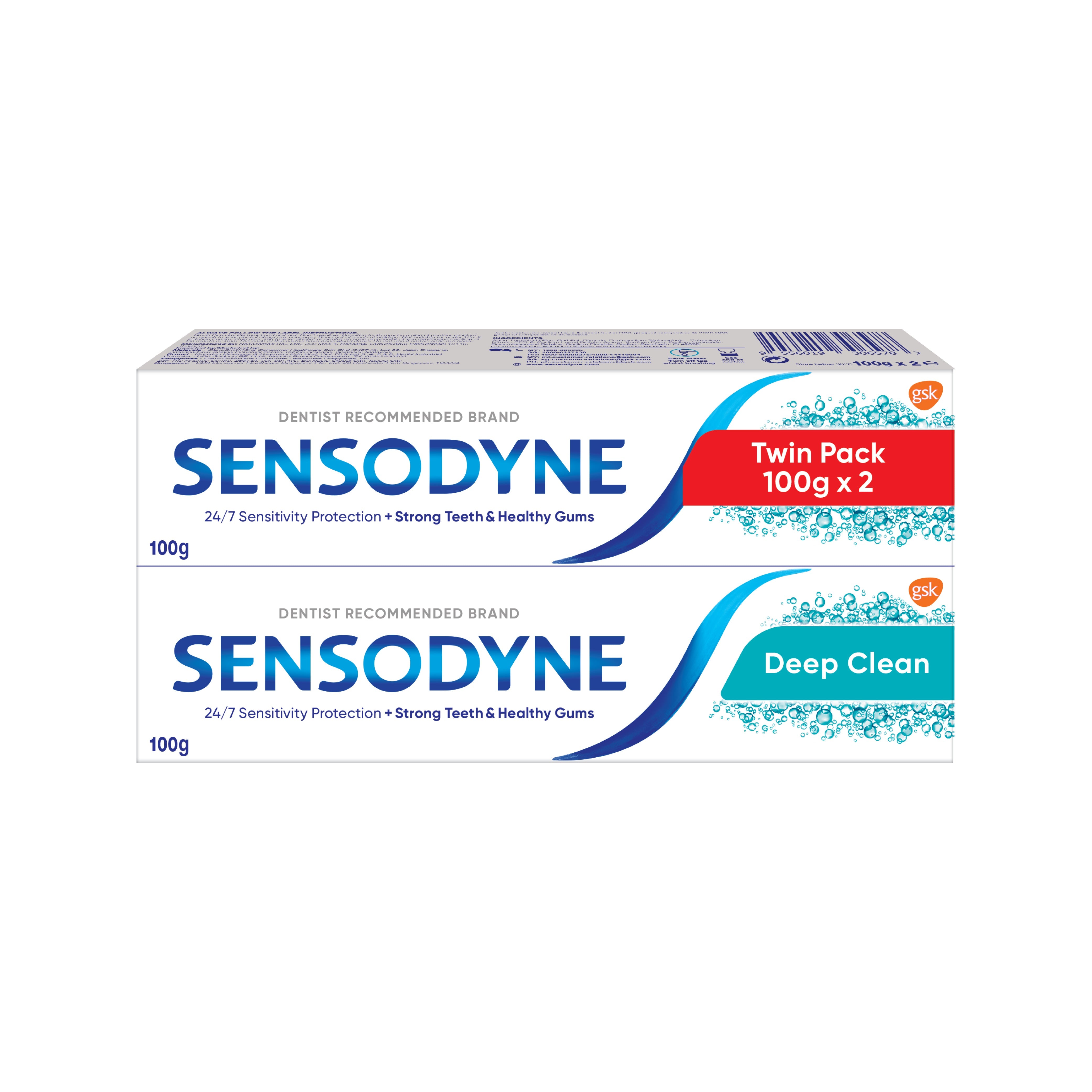 Sensodyne Deep Clean toothpaste twin pack featuring two 100g tubes for effective sensitivity protection