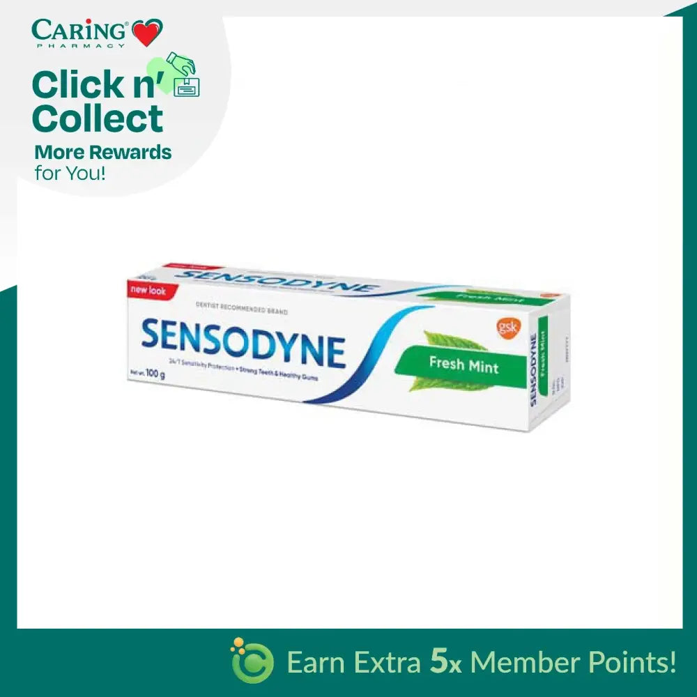 Sensodyne Fresh Mint toothpaste in a 100g tube for sensitive teeth and fresh breath