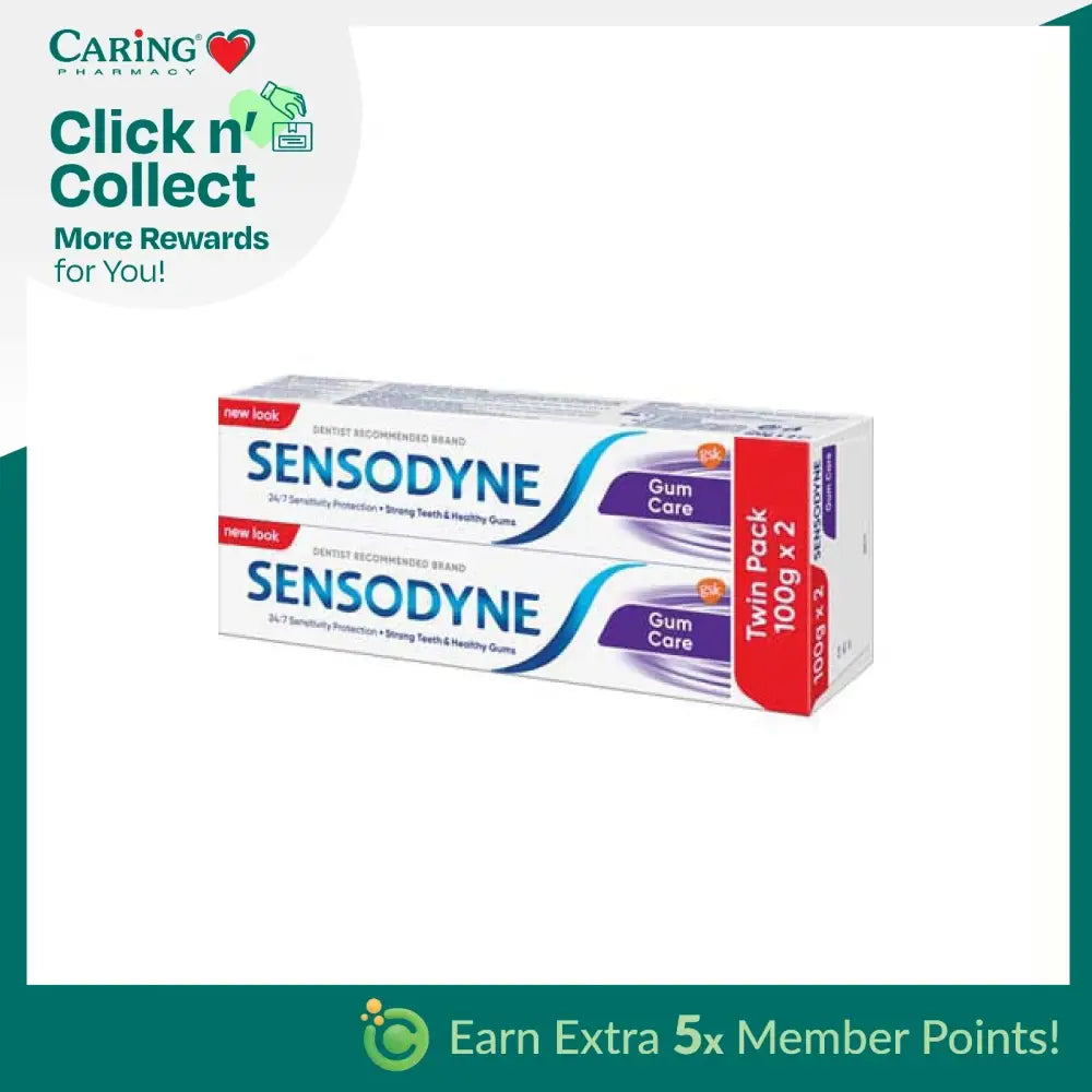 Sensodyne Gum Care toothpaste twin pack, featuring two 100g tubes for sensitive teeth protection