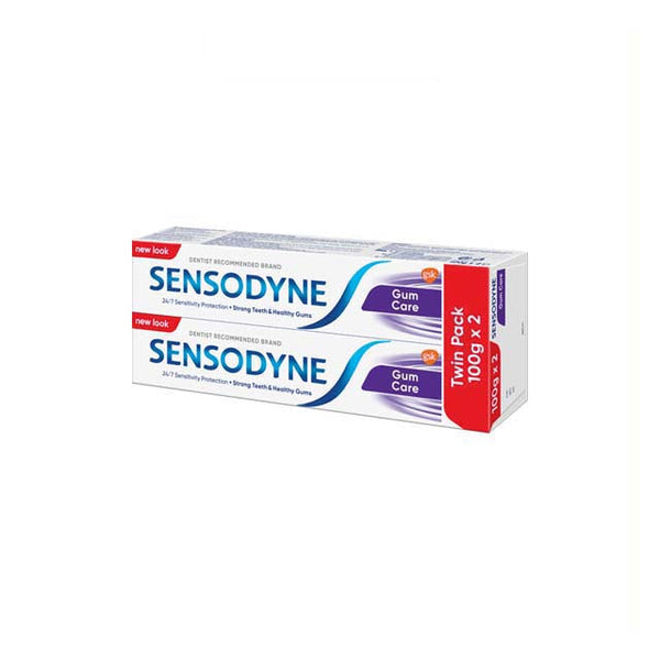Sensodyne Gum Care toothpaste twin pack, featuring two 100g tubes for sensitive teeth protection