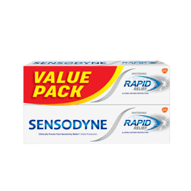 Sensodyne Rapid Relief toothpaste value pack featuring two tubes for sensitivity and whitening protection