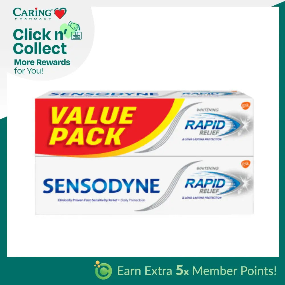 Sensodyne Rapid Relief toothpaste value pack featuring two tubes for sensitivity and whitening protection