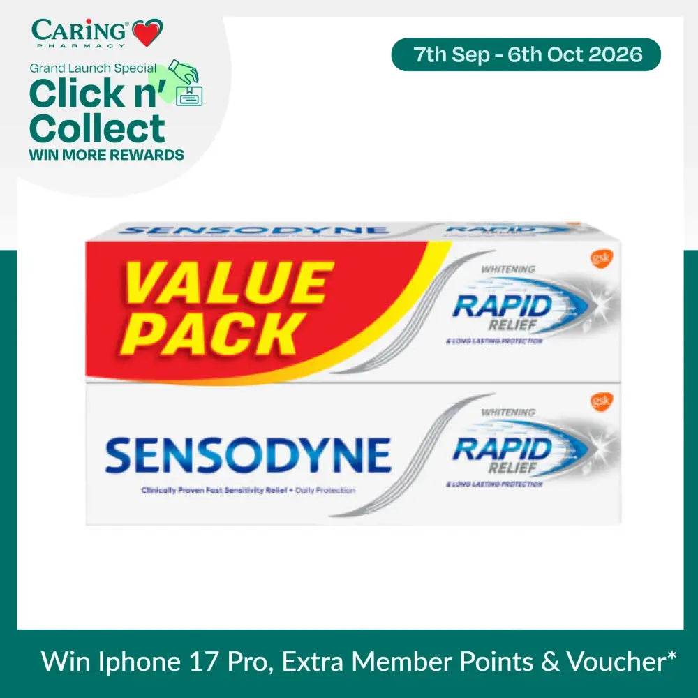 Sensodyne Rapid Relief toothpaste value pack featuring two tubes for sensitivity and whitening protection