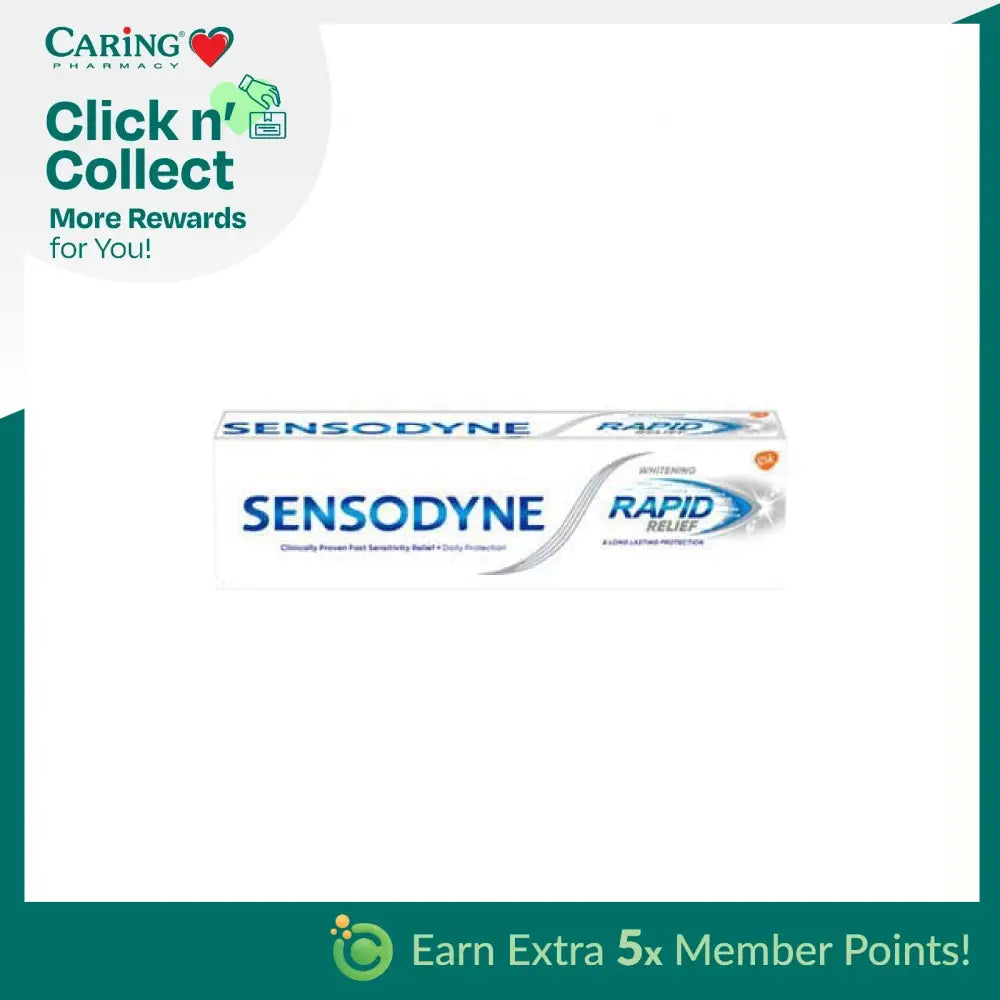 Sensodyne Rapid Relief Whitening toothpaste in a sleek tube for sensitive teeth and whitening benefits